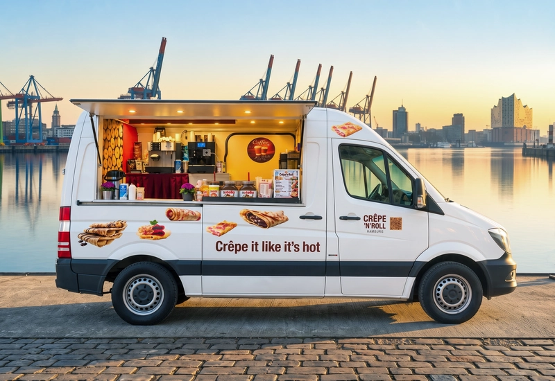 Weißer Foodtruck am Hafen